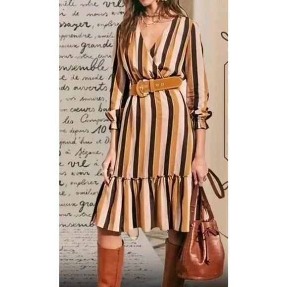 Sezane Titiane 3/4 Sleeve Striped V Neck Midi Dress in Hazel Tan Stripe 34 US 2